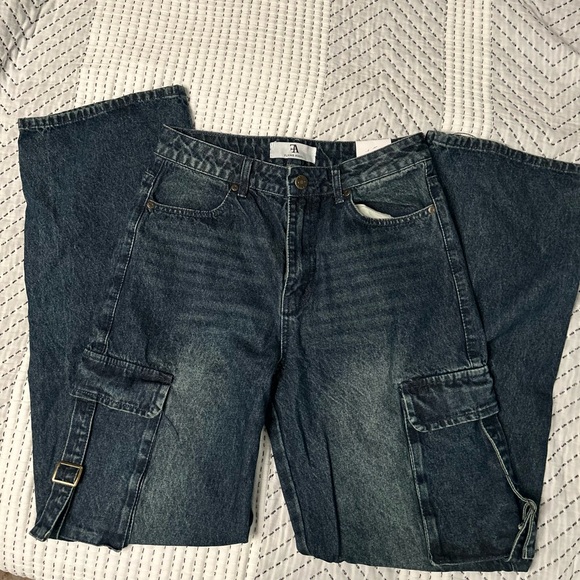 Dark Blue Flare Jeans with Cargo Pockets - Picture 1 of 5